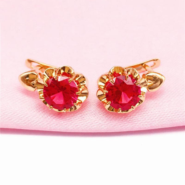 585 purple gold plated 14K rose gold inlaid flower ruby earrings for women