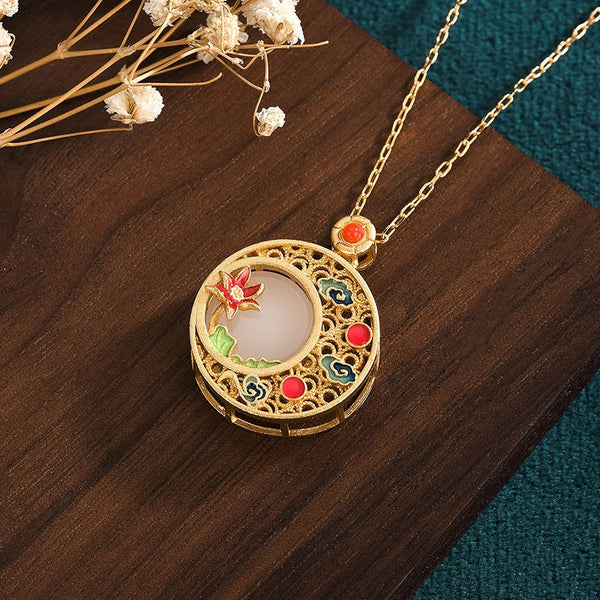 Natural hetian jade round enamel flower necklace pendant