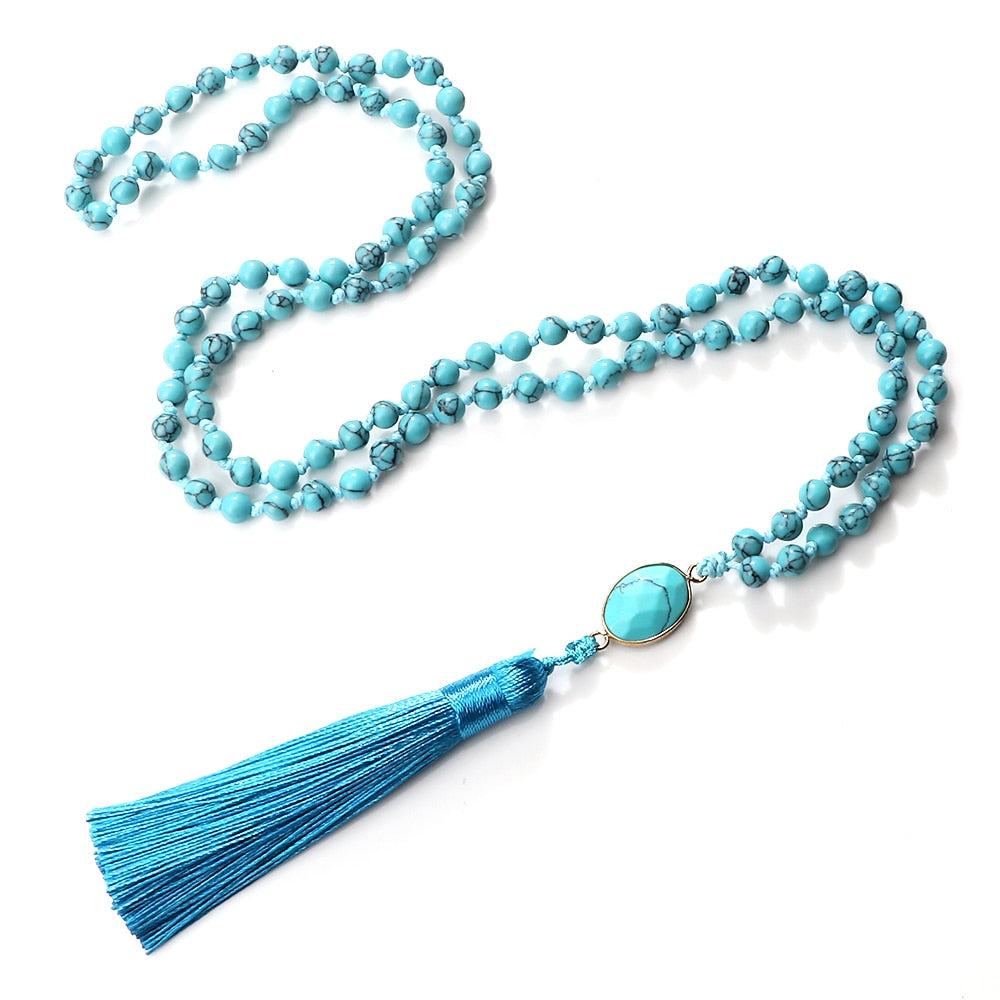 Natural Blue Pine Stone 108 Mala Beads Long Necklaces 6mm Natural Stone Pendant Women