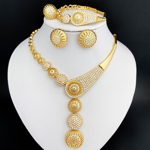 Dubai Gold Color Jewelry Set Hollow Round Ball Large Pendant Necklace Earring Ring Bracelet Set