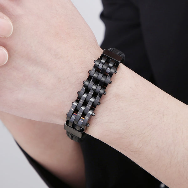 12MM Braided Leather Cord Bracelet for Men Black Stainless Steel Men's Charm Bracelets