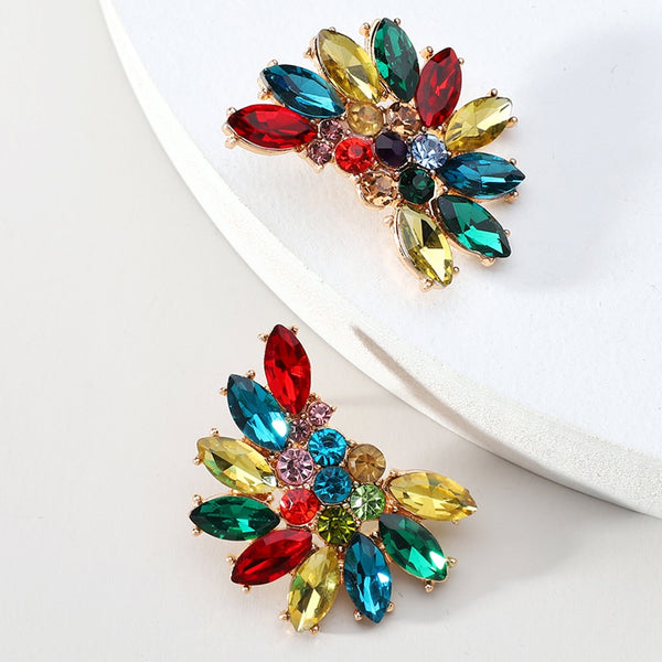 Vintage Fashion Colorful Crystal Geometric Big Stud Earrings For Women