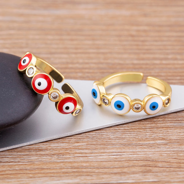 New Gothic Rainbow Evil Eye Rhinestone Gold Plated 4 Colors Open Adjustable Rings For Women