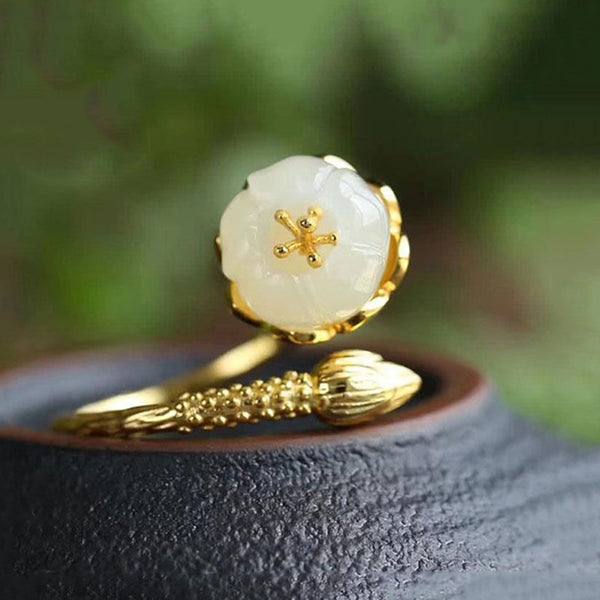 Ancient gold craftsmanship natural Hetian white jade flower plant flowering adjustable ring