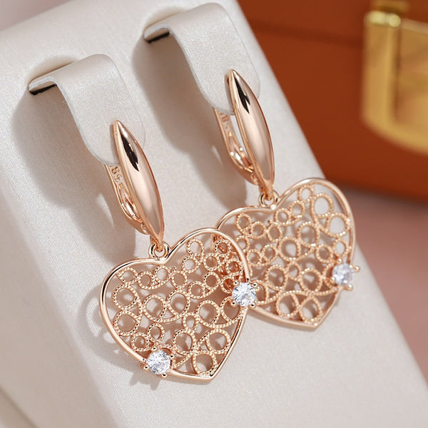 Classic Heart Shape Hollow Zircon 585 Gold Color Large Pendant Earrings