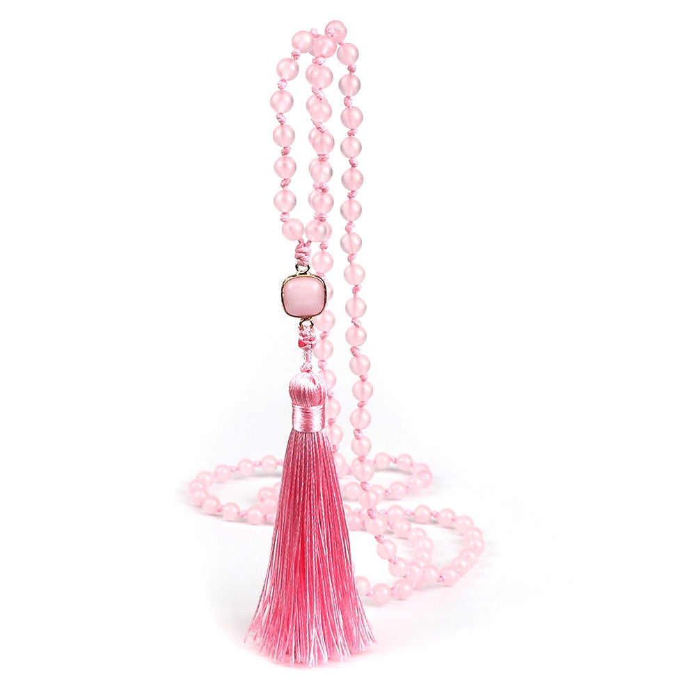 Fashion Natural Pink Chalcedony Beads Necklaces 108 Mala Beads Pendant Charm Women