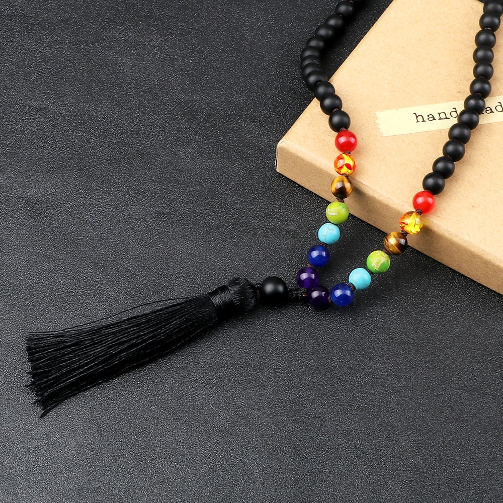 Men Black Beads Prayer Necklaces Women 108 Mala Natural Stone Beaded Stretch Necklaces