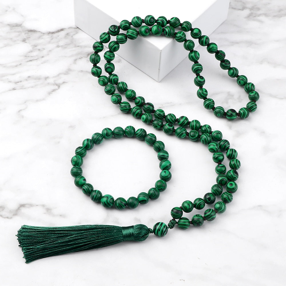 2pcs/set Natural Green Malachite Stone Beads Mala Buddha Prayer Bracelets