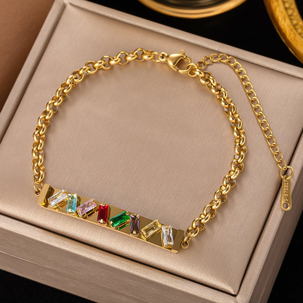 Gold Color Chain Colorful Zirconia Rhinestone Bangle Bracelet for Women