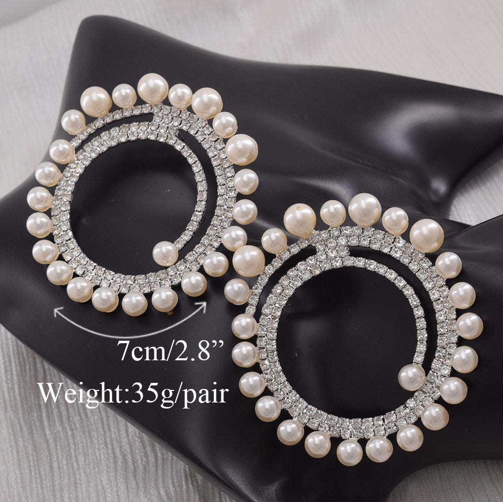 7cm Stud Earring for Women Exquisite Cream Pearl Rhinestones Jewelry