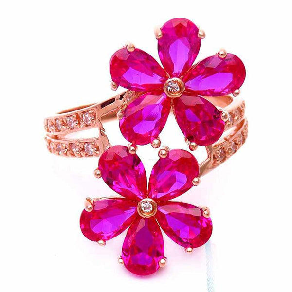 rose gold new inlaid ruby flower rings for women