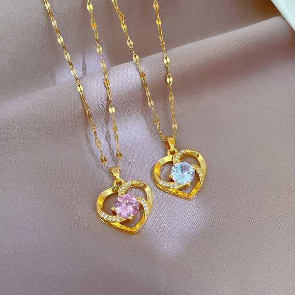 Luxury Fashion Heart Flower Necklace with Cubic Zirconia Simple Elegant Female Accessories