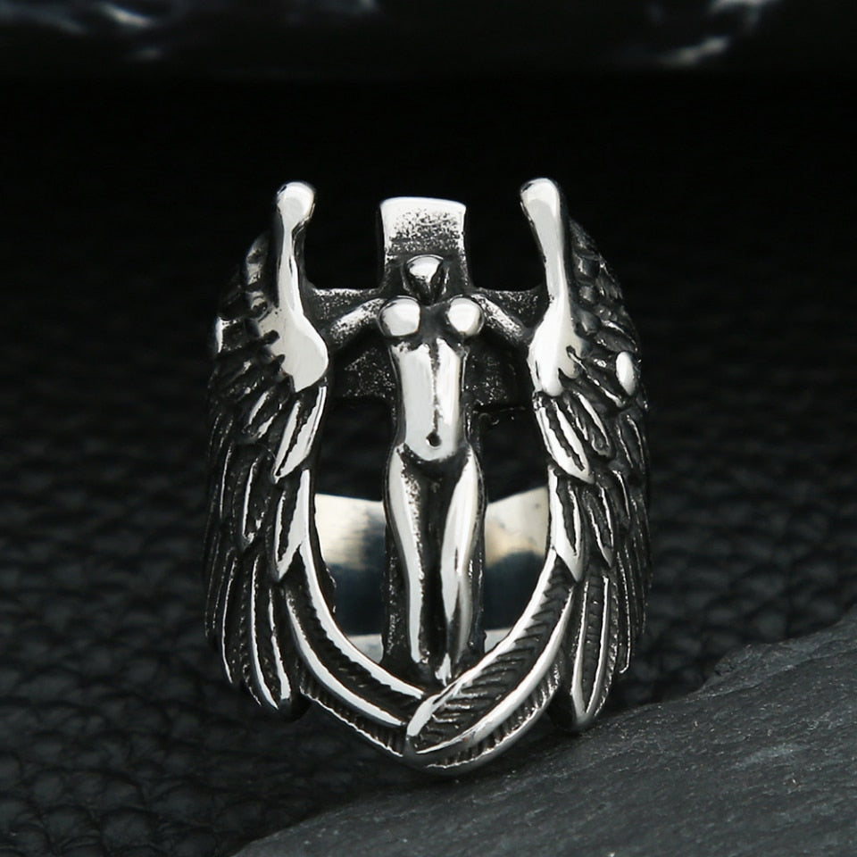 Punk Vintage Stainless Steel Angel Wings Ring For Men Women