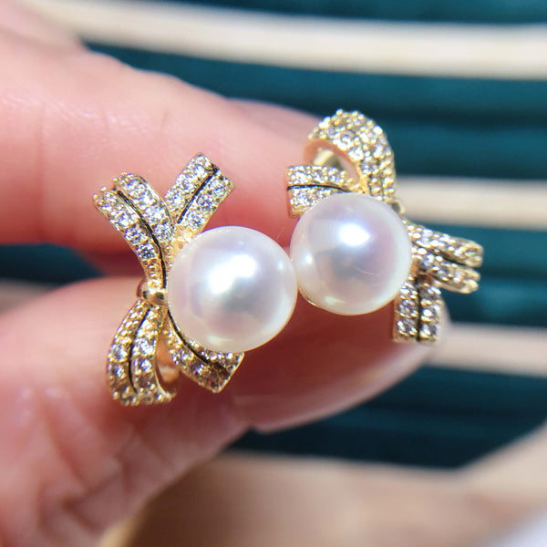 14k Gold Gilled Pearl Earrings For Women Trendy Bow Stud Earring