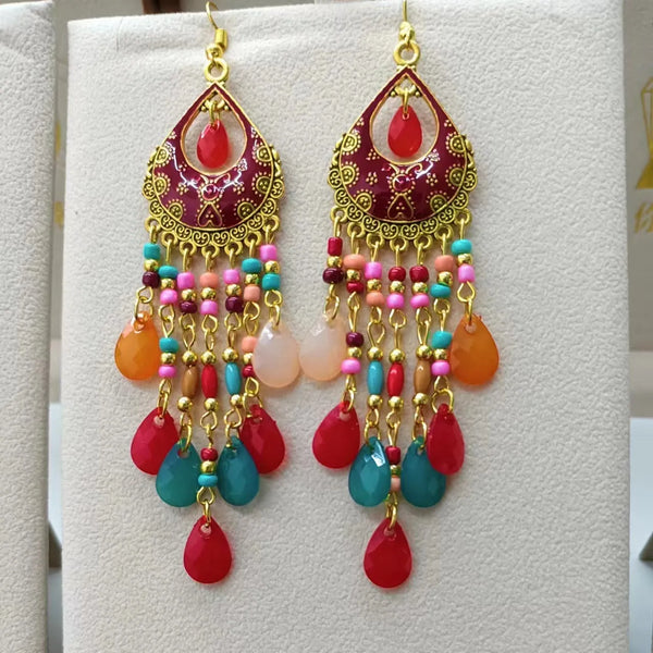 Bohemian Long Colorful Tassel Beads Water Drop Dangle Earrings For Women