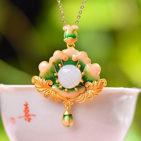 New natural Hetian jade enamel porcelain lotus pendant choker necklace