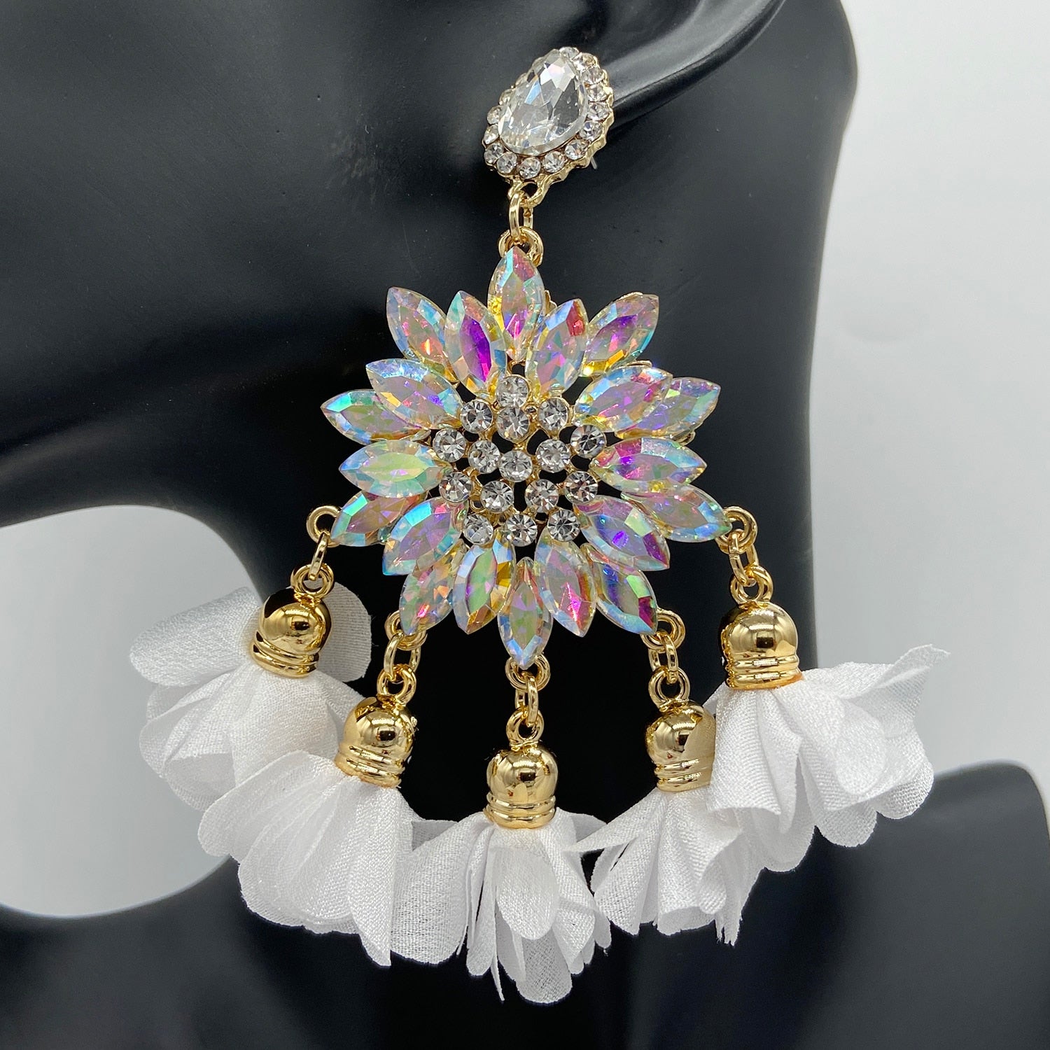 Multicolor Drop Earrings For Women Luxury Rhinestones Crystal Dangle Tassel Flower Big Earrings