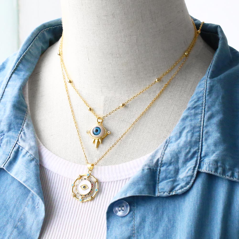 Exquisite Resin Blue Evil Eye Necklaces for Women Copper CZ Rhinestone Round Greek Eye Necklace