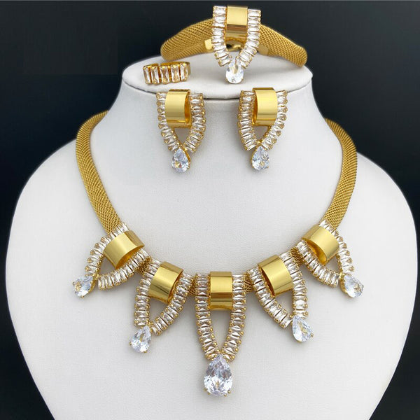 Gold Color Jewelry Set For Women Dubai Elegant Necklace bracelet Earing Party Wedding Jewellery Sets