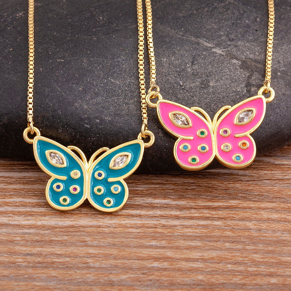 4 Colors Enamel Boho Butterfly Crystal Zircon Necklace Women