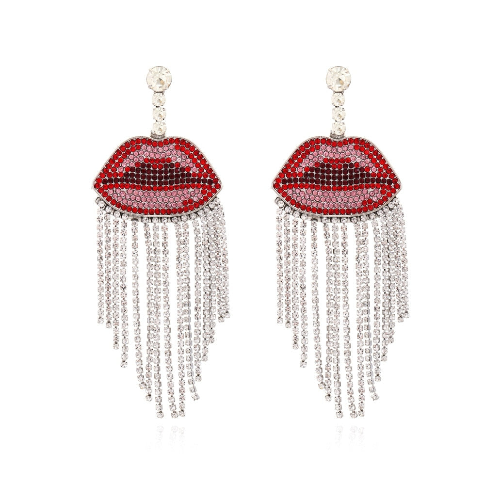 ZA Luxury Sexy Rhinestone Red Lip Tassel Dangle Bohemian Earrings For Women