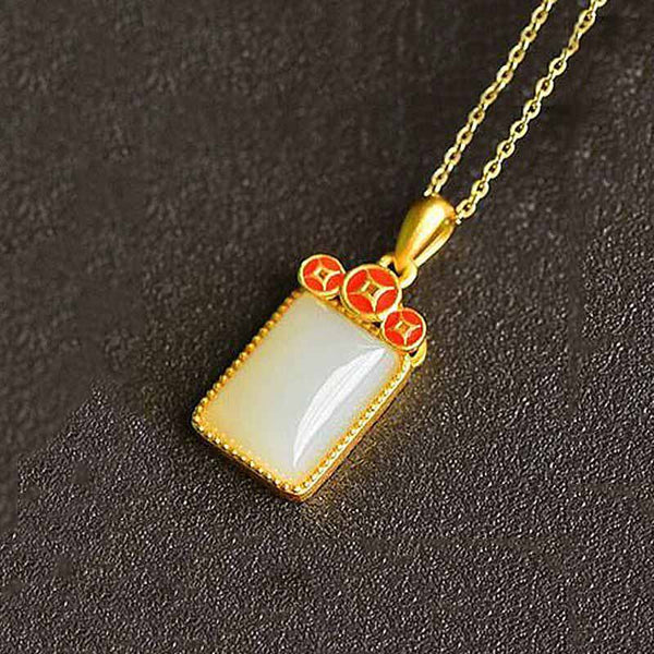 New Chinese style silver inlaid natural hetian chalcedony pendant necklaces