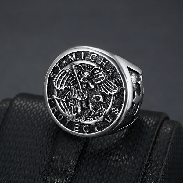 Vintage Stainless Steel Angel Michael Ring For Men Boy Punk Christian Knight Saint Michael Protect Us Ring Jewelry Gift