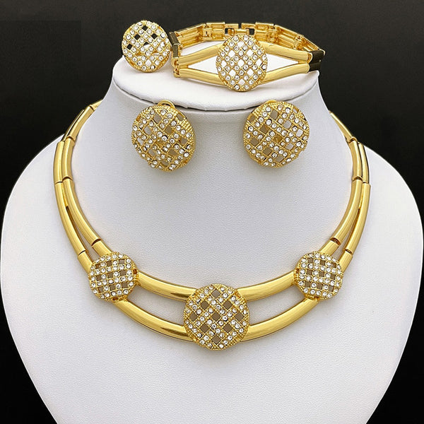 Latest Dubai Style Luxury Gold Plated Jewelry African Highend Hollow Out Necklace Earrings Set