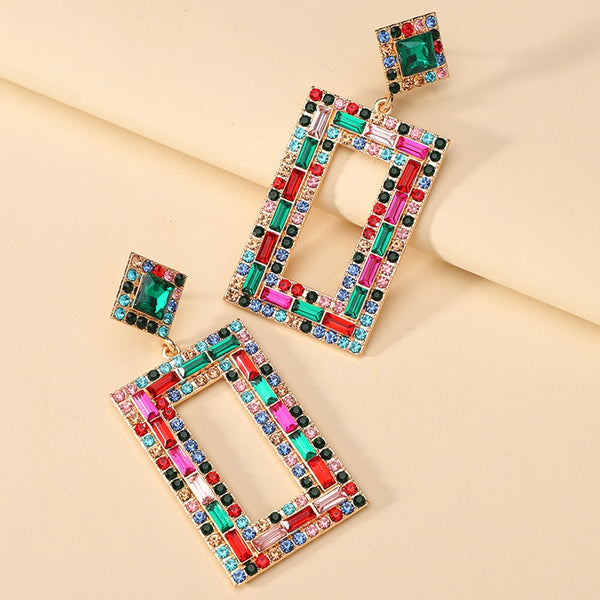 Bohemian Fashion Colorful Collection Rectangle Vintage Crystal Dangle Earrings For Women