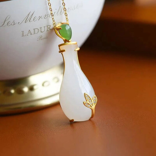 Original Design Inlaid Crystal Natural Hetian Jade Gourd Necklace Pendant