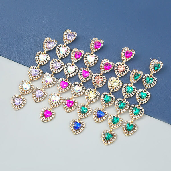 Fashion Metal Rhinestone Heart Multilayer Dangle Earrings