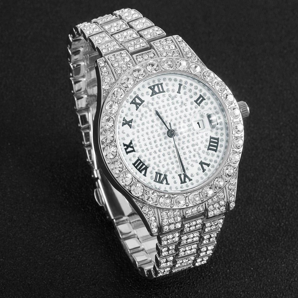 Iced Out Diamond Watch Quartz Gold Silver Color Micro  Stainless Steel Watch