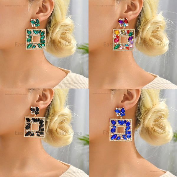 New Square Colorful Crystal Big Dangle Drop Earrings For Women