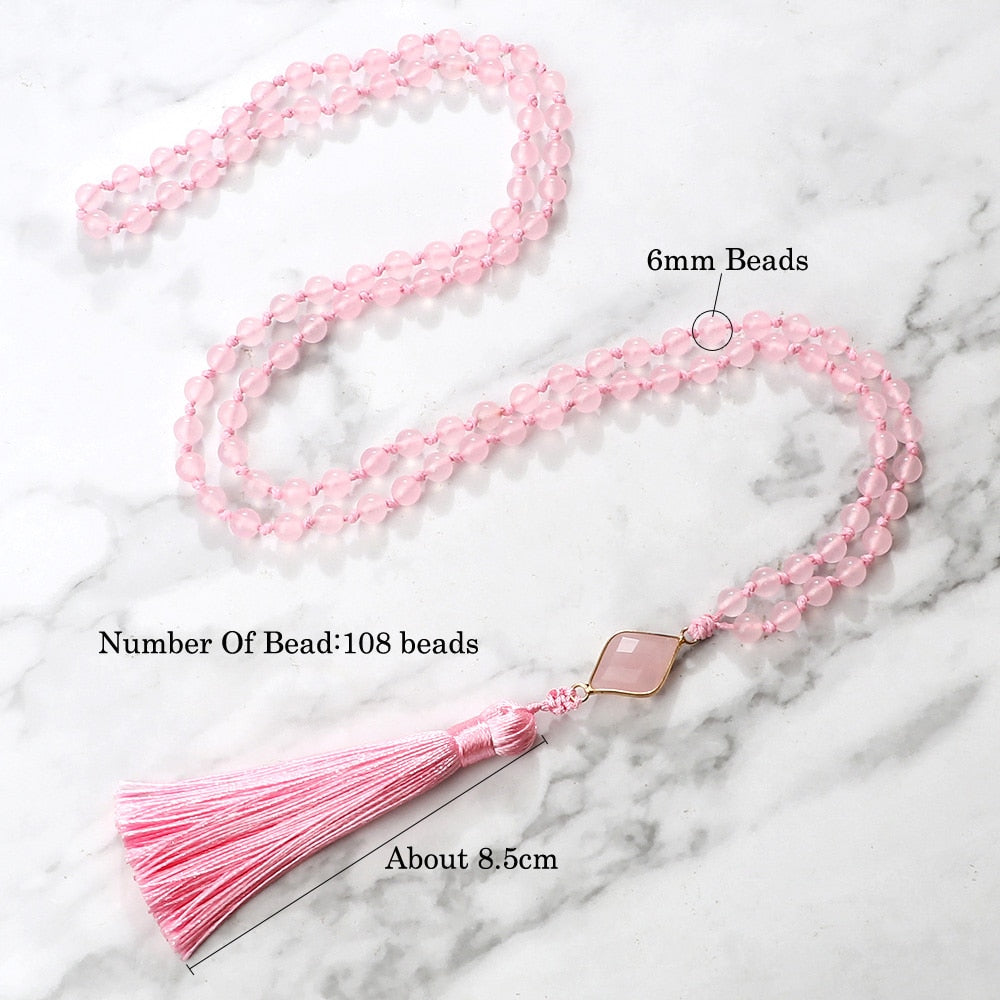 Fashion Natural Pink Chalcedony Beads Necklaces 108 Mala Beads Pendant Charm Women