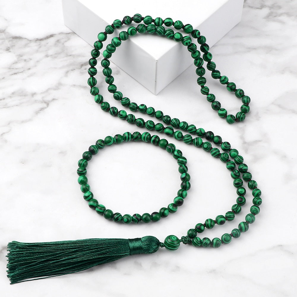 Tibetan 108 Mala Bracelet Necklace High Quality Natural Stone Beads Green Malachite Necklace