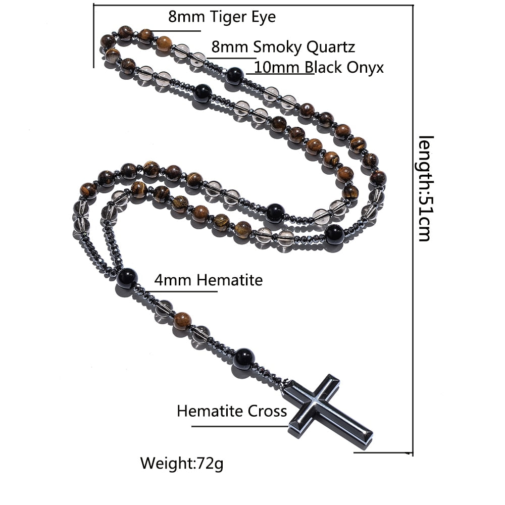 8mm Natural Stone Bead Hematite Cross Pendant For Men Women