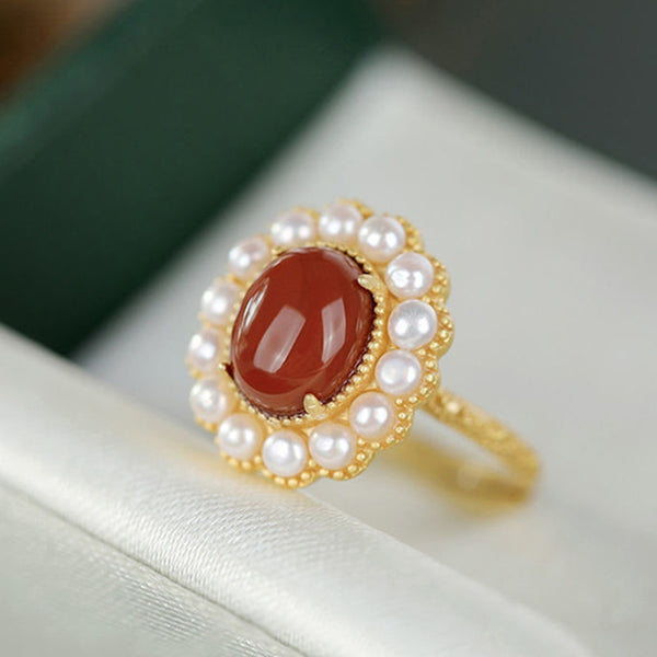 Ancient gold craftsmanship southern red tourmaline pearl flower ring