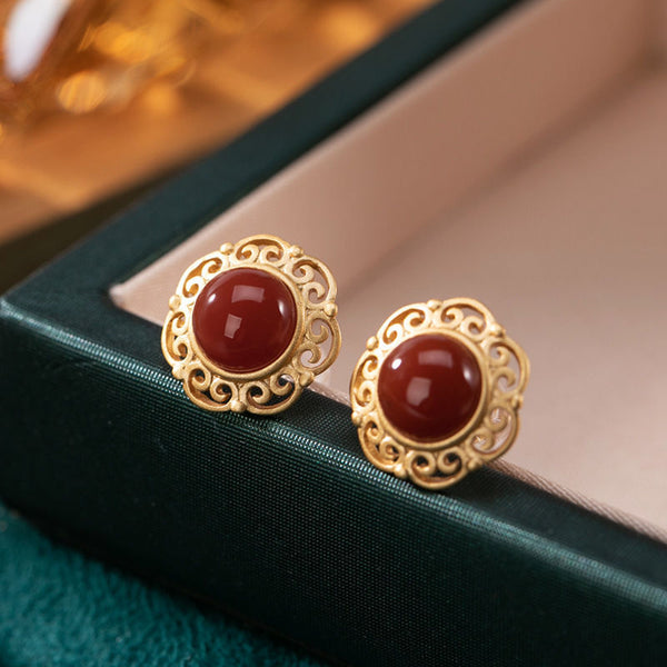 New ancient gold craft inlaid southern red tourmaline round earrings