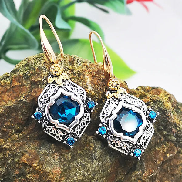 Vintage Square Blue Stone Boho Earrings for Women