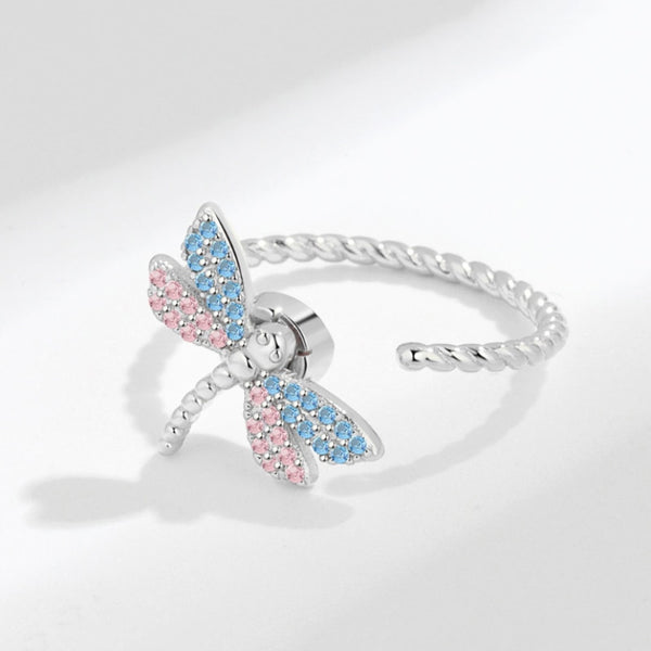 Original New Inlaid Blue Pink Crystal Dragonfly Rotating Rings For Women