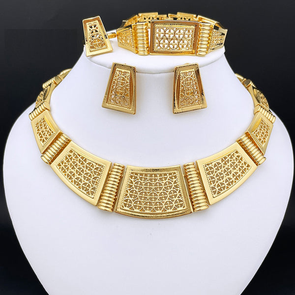 African Gold Plated Jewelry Set  Women Prom Necklace Earrings Charm Bracelet