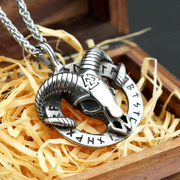 Vintage Viking Nordic Goat Skull Valknut Necklace 316L Stainless Steel Rune Biker Pendant