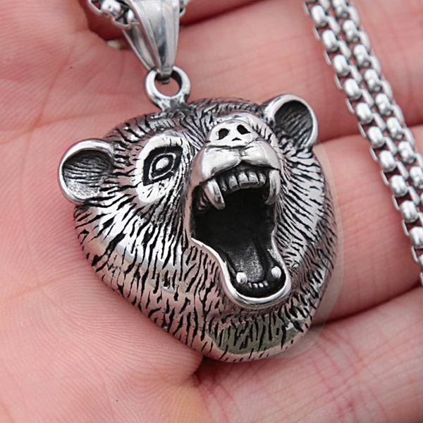 Vintage Stainless Steel Slavic Bear Pendant Necklace