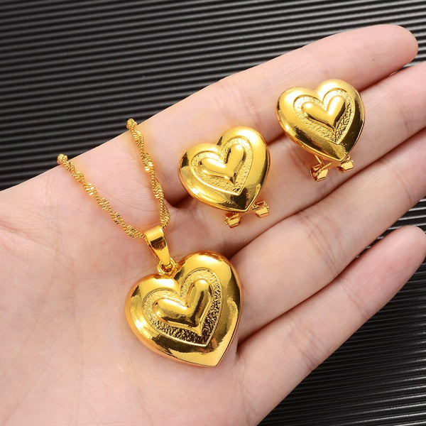 24K Heart Dubai Jewelry Sets Ethiopian Necklaces Earrings African Gold Color Jewelry