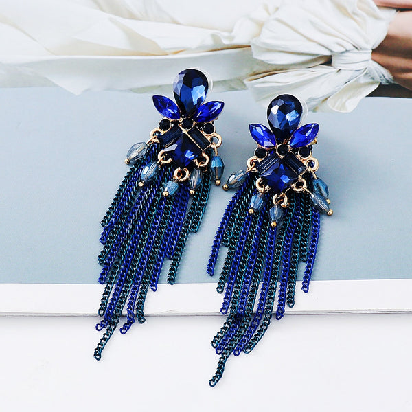 New Blue Crystal Long Metal Chain Dangle Drop Earrings