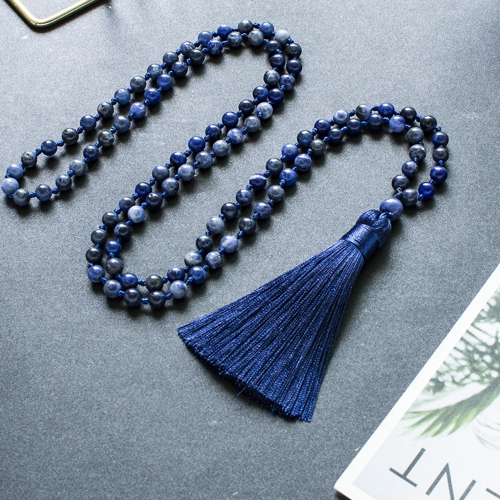 6mm Natural Sodalite Beaded Knotted 108 Mala Necklace