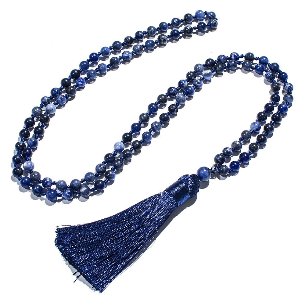 6mm Natural Sodalite Beaded Knotted 108 Mala Necklace