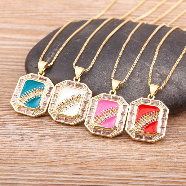 Classic 4 Colors Geometric Crystal Zircon Enamel Dripping Oil Necklace Women