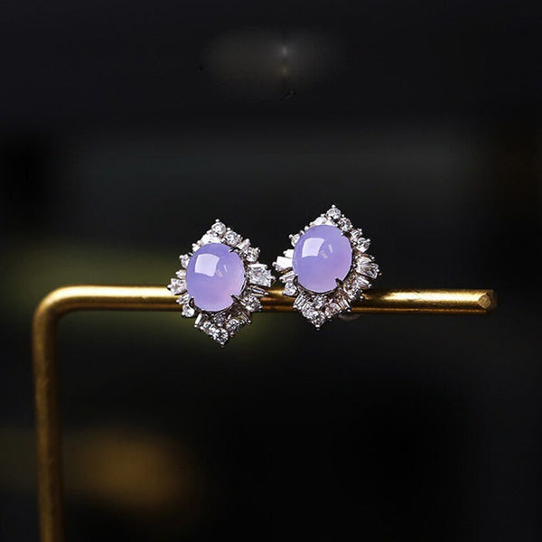 Inspiration craft silver inlaid crystal natural chalcedony violet geometric stud earrings