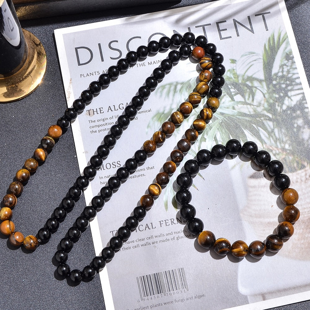 8mm Yellow Tiger Eye Black Onyx Beaded Necklace Men and Women Choker Long Necklace Jewelry Set